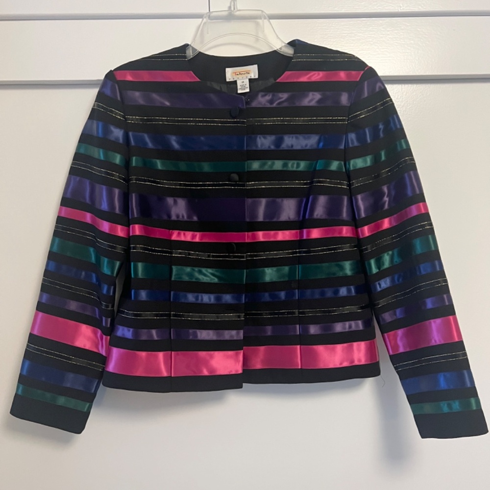 Vintage Talbots Petites Black Multicolor Satin Ribbon Stripe Evening Jacket 10P